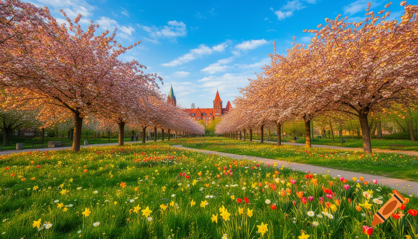 A park path lined with pink cherry blossom trees, a meadow of colorful ...