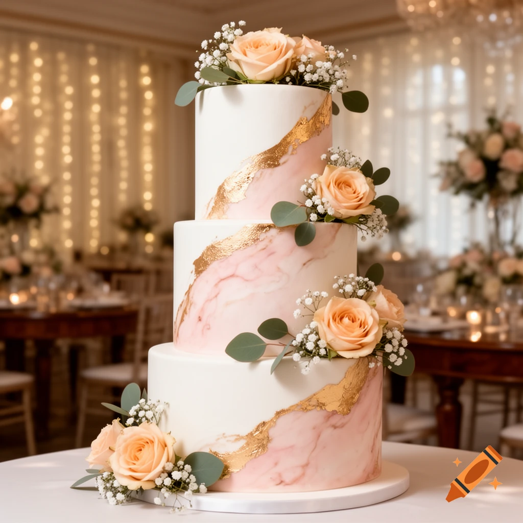 A three-tier white wedding cake with pink marble and gold accents, adorned with peach roses and baby's breath, set against a blurred background of a wedding reception with fairy lights.