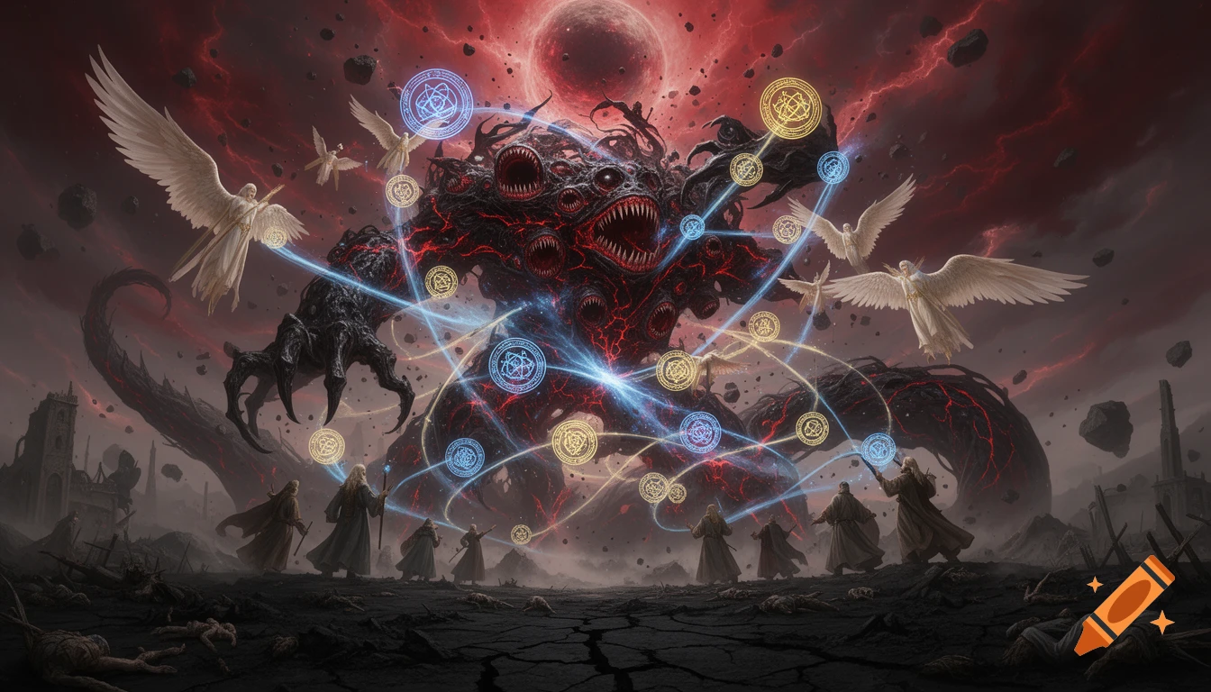 A giant multi-mouthed red and black demon battles angels and mages casting spells, in a dark fantasy battlefield under a red sky.