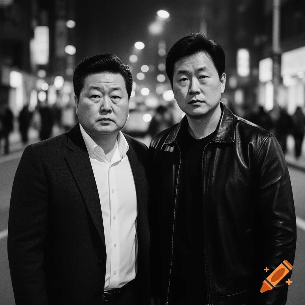 A photorealistic, black and white portrait of two East Asian men standing on a city street at night with blurry lights in the background.