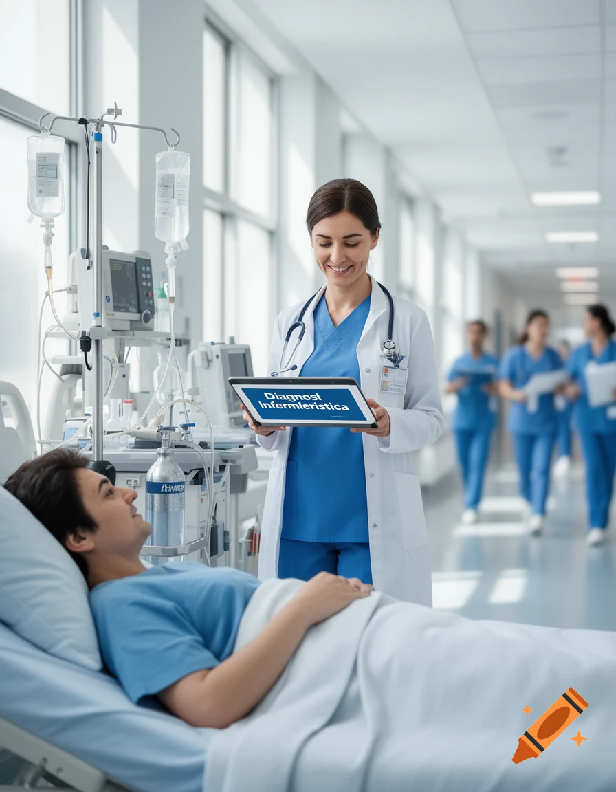A smiling doctor in scrubs holds a tablet with 'Diagnosi Infermieristica' next to a patient in a hospital bed.