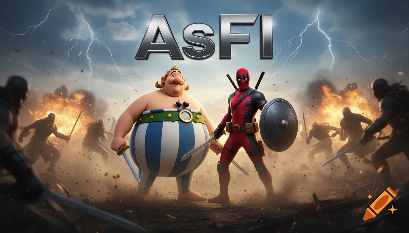 Obelix and Deadpool stand heroically amidst an epic battle with explosions and lightning, with 'ASFI' at the top.