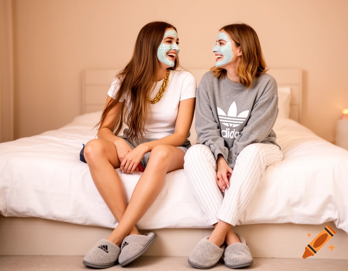Two young women with face masks laugh on a bed. One wears a white top, gold chain, grey shorts, and Adidas slippers; the other a grey Adidas sweatshirt, striped pants, and Adidas slippers.