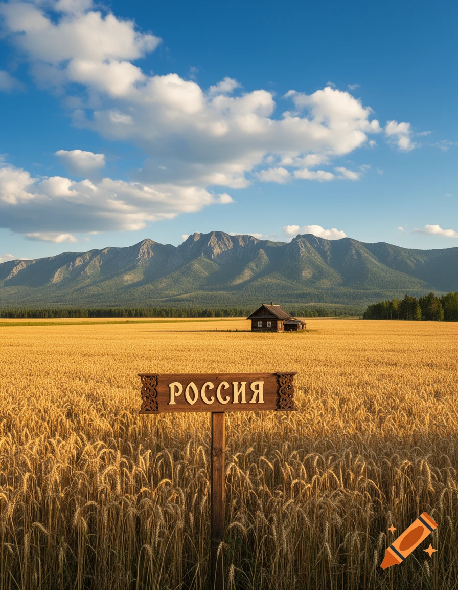 A wooden sign with 'РОССИЯ' in a vast golden wheat field, a small house and mountains under a blue sky.