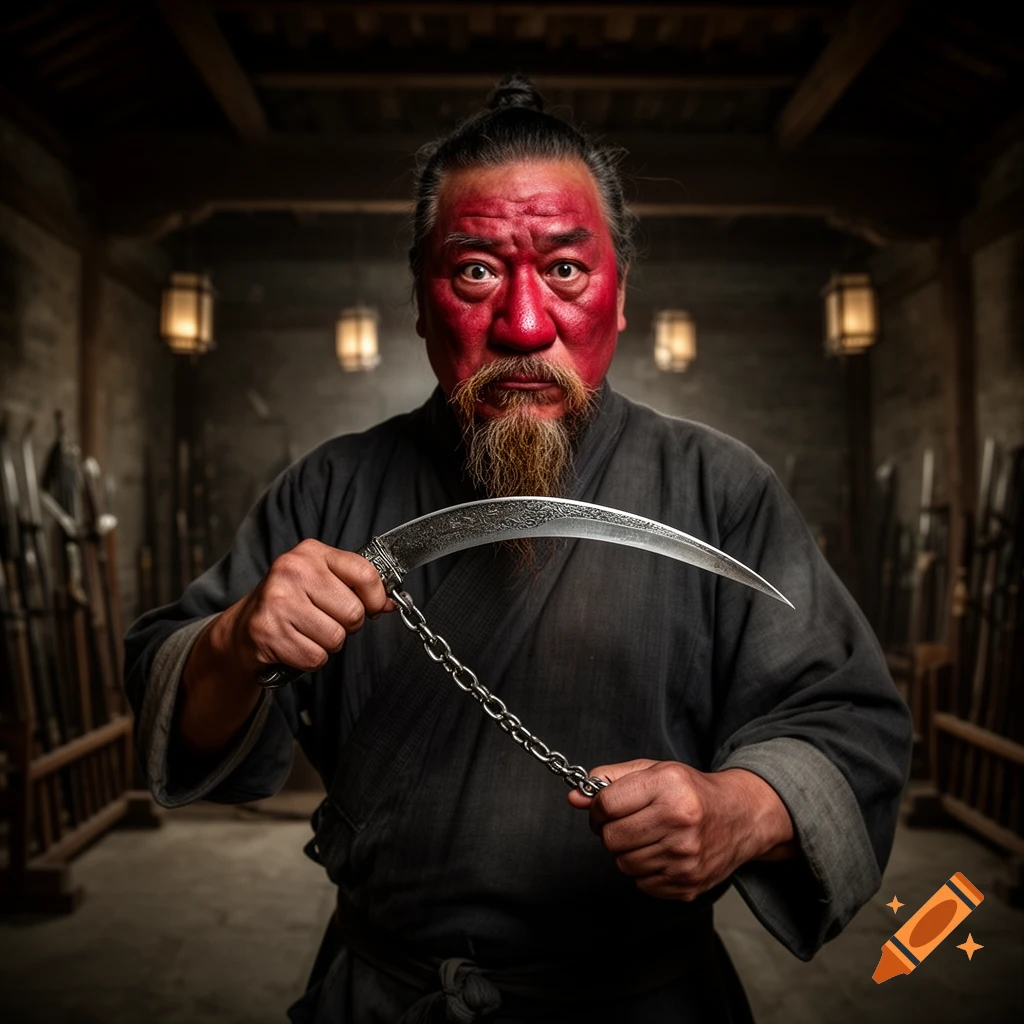 A wild-eyed man with a bright red face and bristly goatee holds a kusarigama in a dim, weapon-filled room.