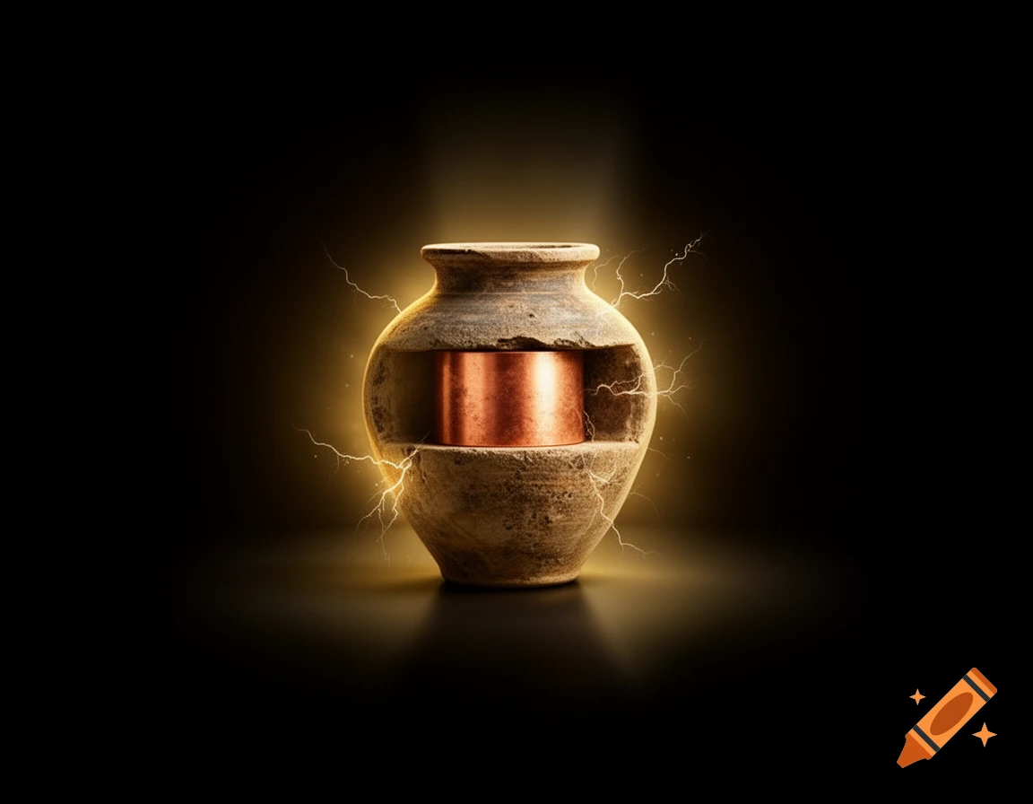 A Baghdad Battery, an ancient clay jar with a visible copper cylinder, emitting a golden glow and electrical sparks on a dark background.