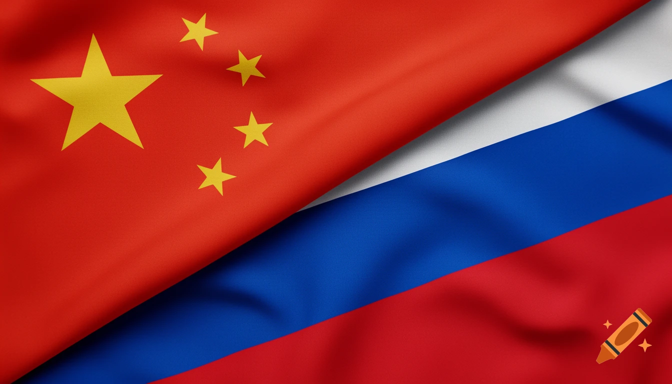 The Chinese and Russian flags are diagonally split and waving, showing realistic fabric texture.
