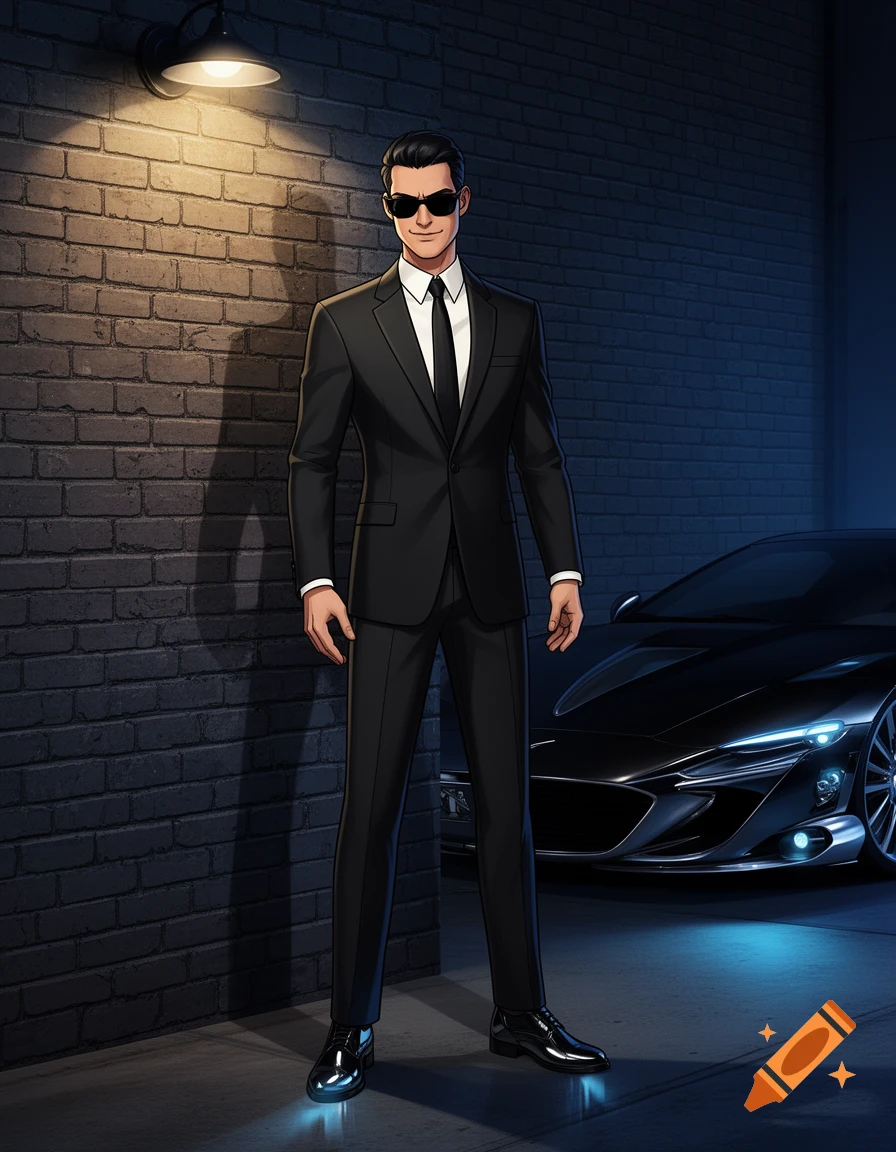 Animated man in a black suit and sunglasses stands by a brick wall under a lamp, with a black sports car in the background.