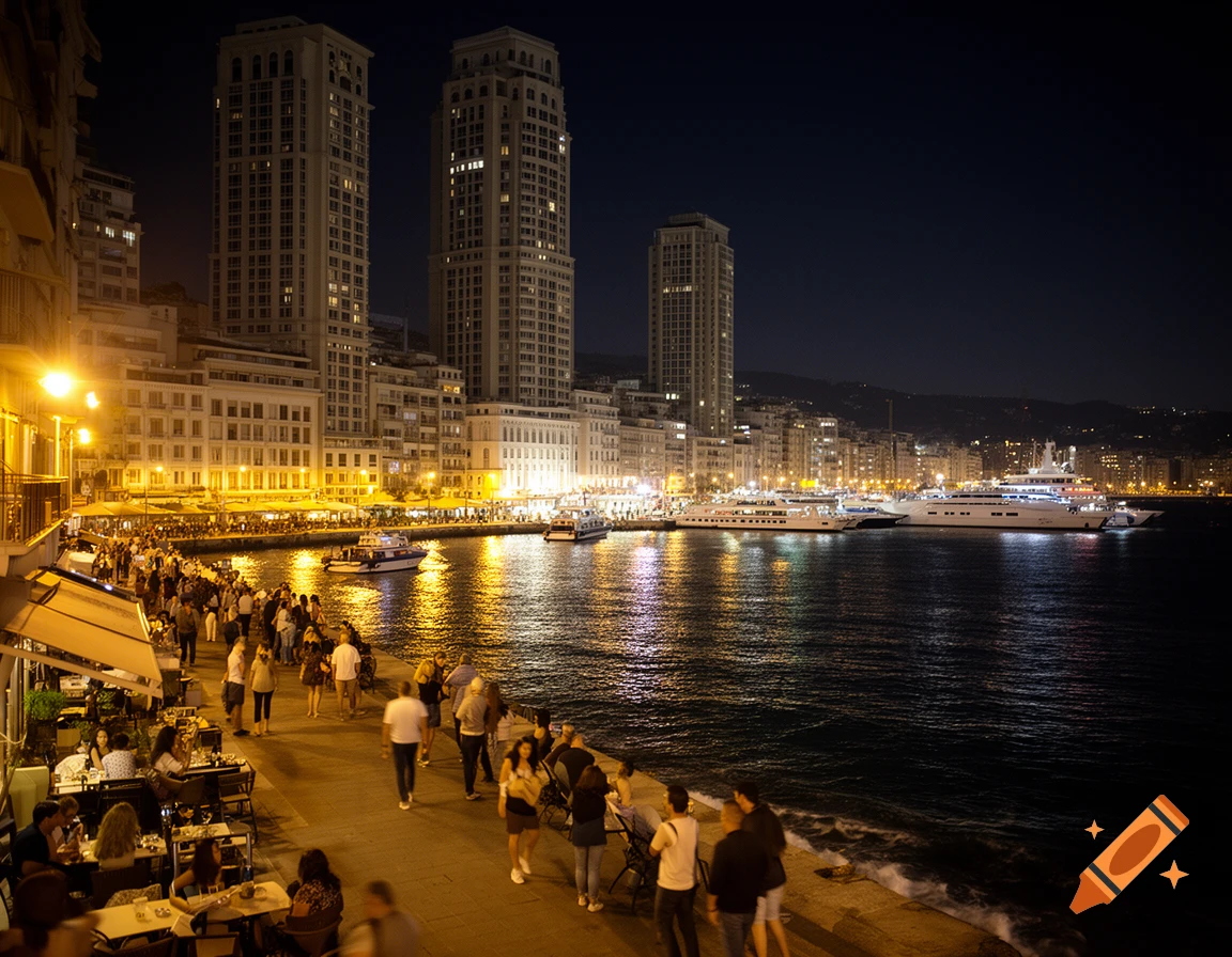 A realistic night photo of a busy coastal city harbor with tall buildings, a crowded promenade with restaurants, and illuminated boats in the water.