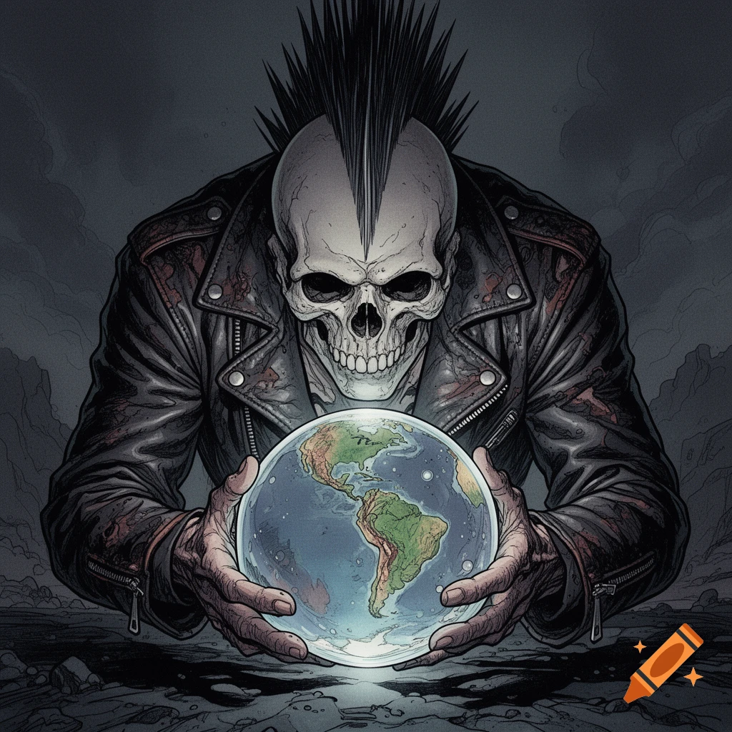 A stylized skull with a mohawk and leather jacket holds a glowing globe depicting the Americas in a dark, comic book art style.