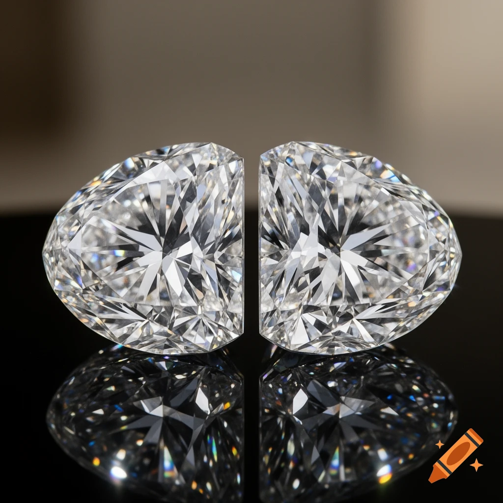 Two halves of a sparkling, brilliant-cut diamond on a reflective dark surface, showing intricate facets.