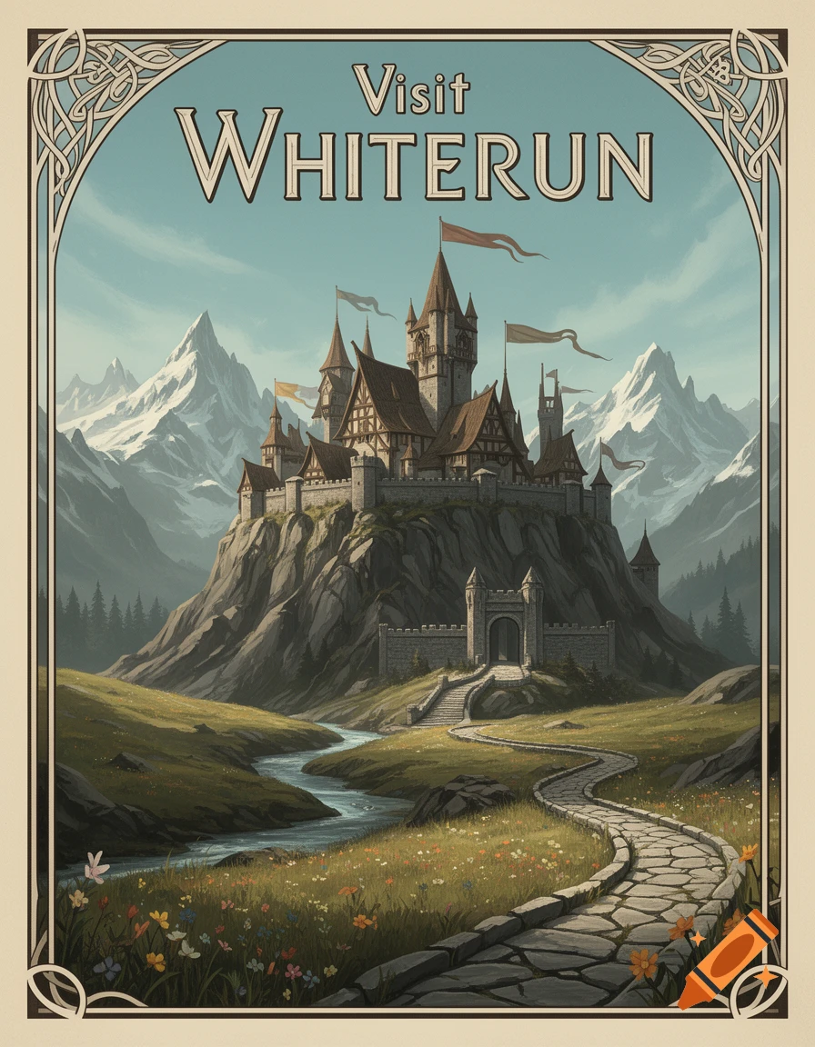 A vintage travel poster for Whiterun, depicting a majestic castle on a hill overlooking a river and meadows, framed by mountains.