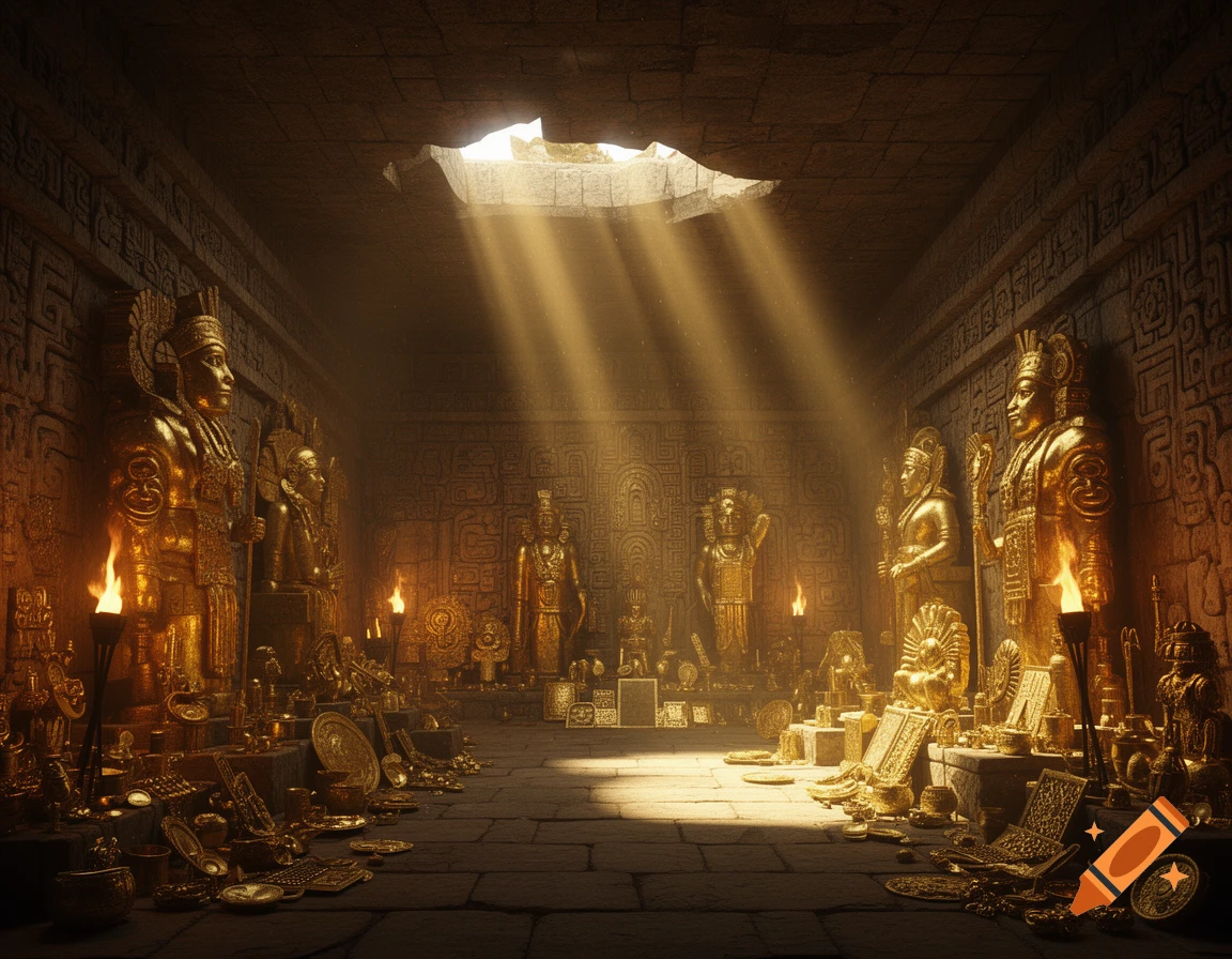 An Aztec temple interior adorned with golden statues and treasures, illuminated by sun rays and torchlight.