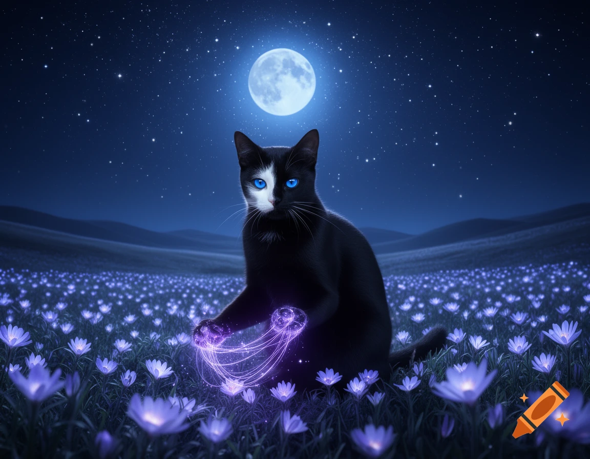 Black cat with bright blue eyes and white face sits in a field of glowing purple flowers under a starry night sky, weaving magical light.