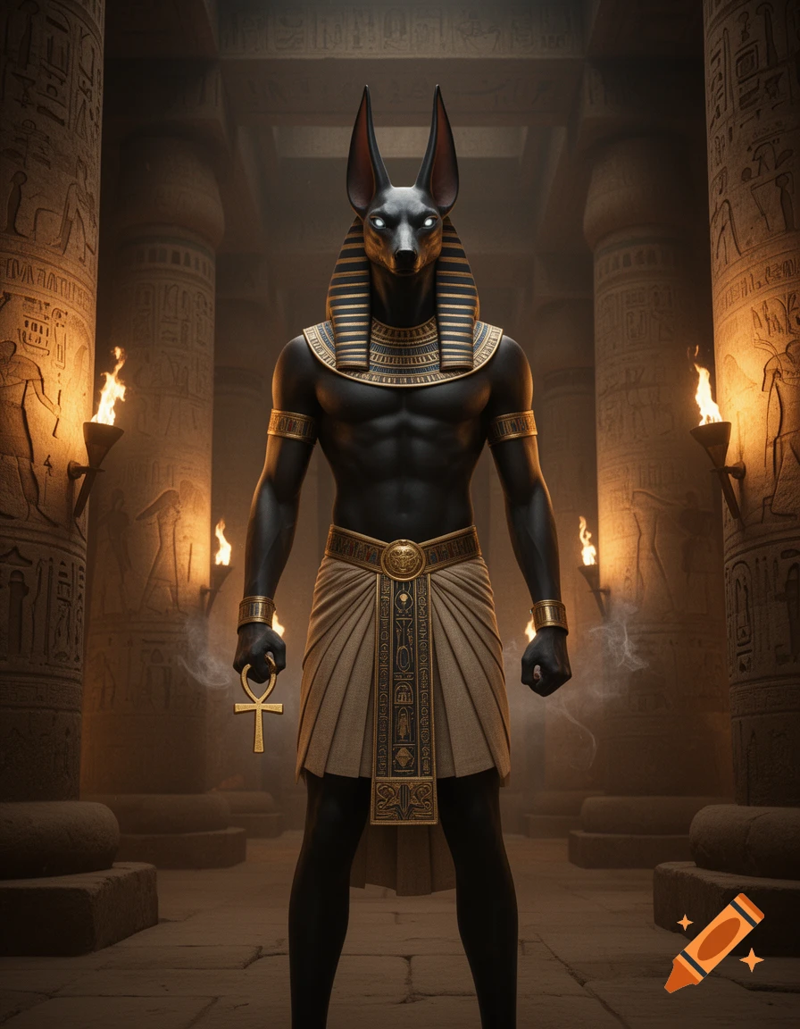 Photorealistic rendering of Anubis, the Egyptian god, standing majestically in a torch-lit ancient Egyptian temple.