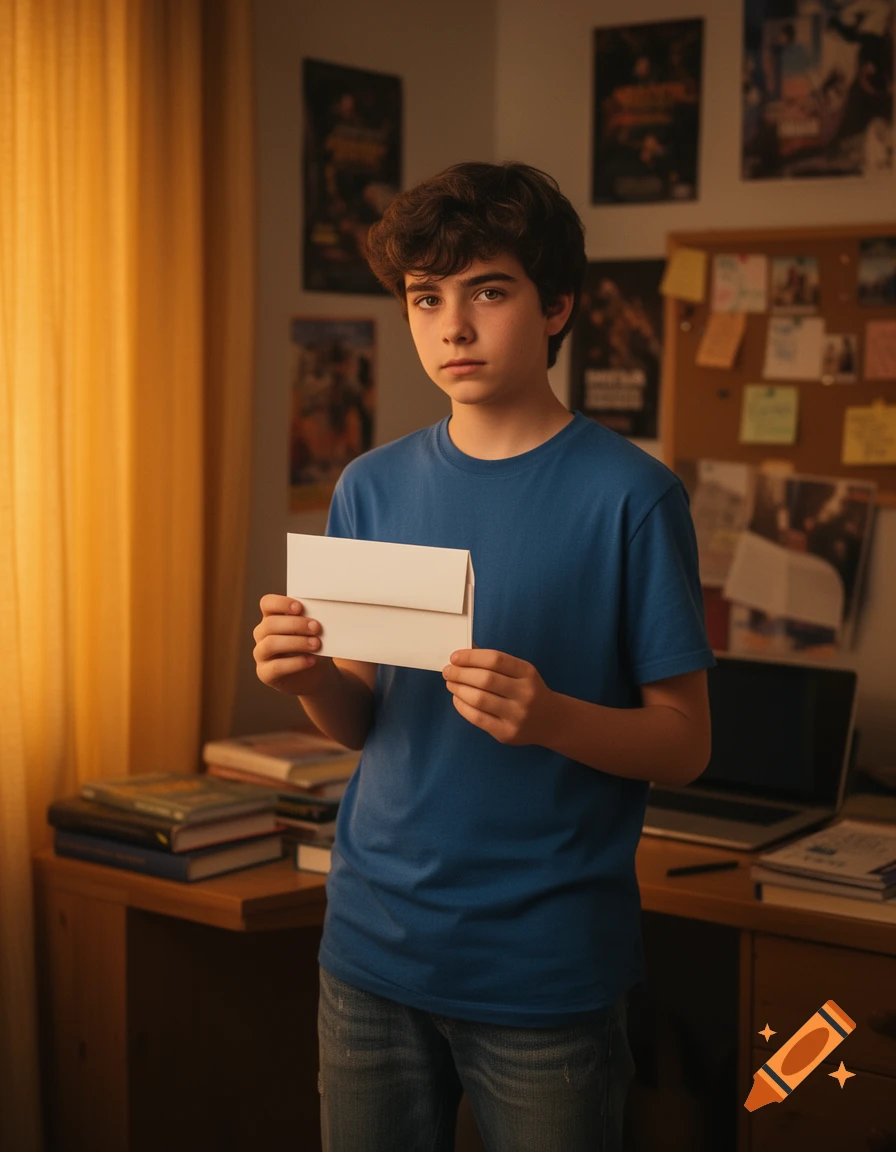 A young boy in a blue t-shirt holds a white envelope in his bedroom, with posters and books in the background, looking at the viewer.