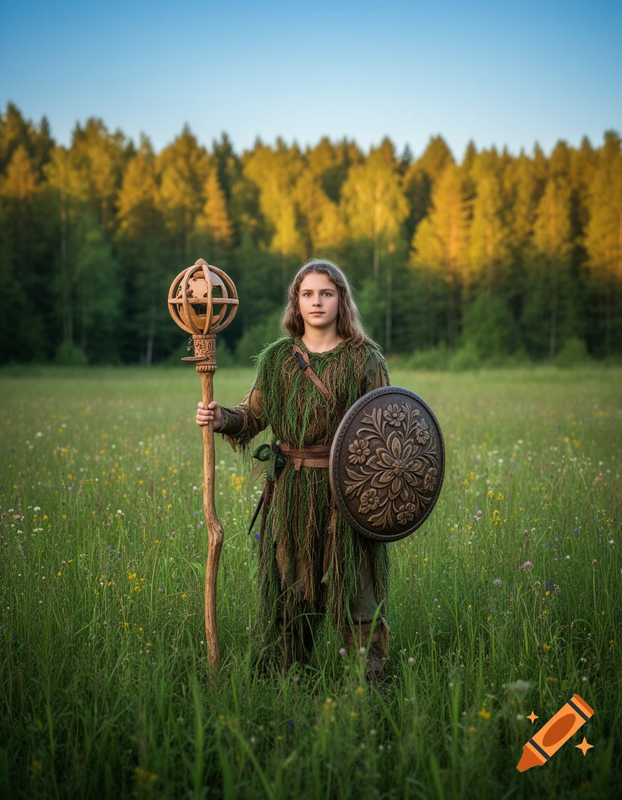 Young earth warrior with a staff and ornate shield stands in a grassy field with a forest at sunset.