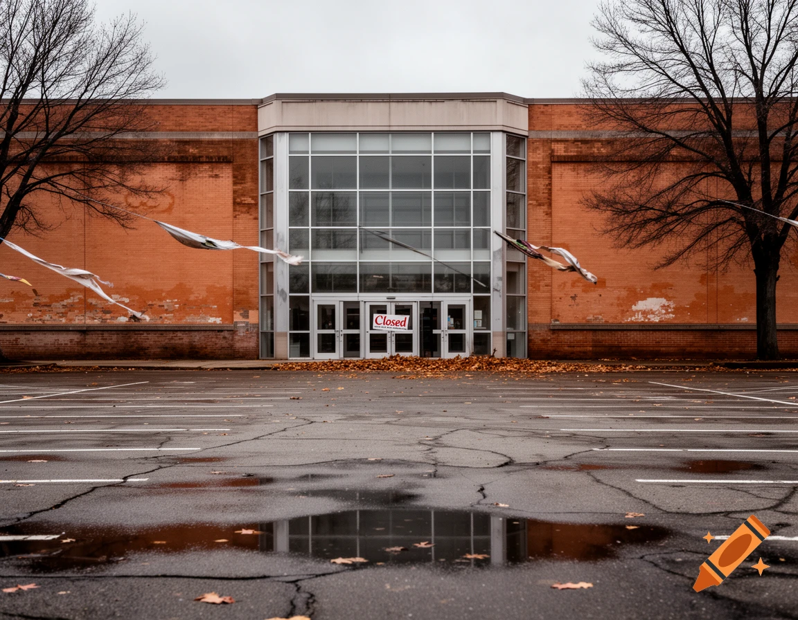 A desolate, empty parking lot in front of a brick and glass mall building with a 'Closed' sign on the door, under an overcast sky.