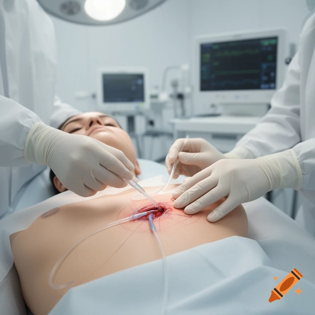 Gloved hands perform a central venous catheter insertion on a patient in an operating room.