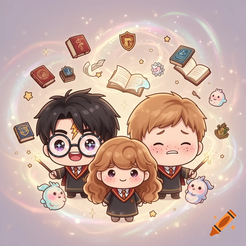Chibi-style Harry Potter, Hermione Granger, and Ron Weasley in robes with wands, surrounded by floating spell books and sparkling magical effects.