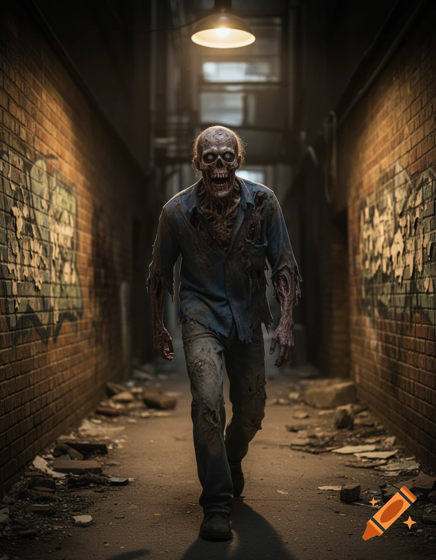 A photorealistic zombie with a skeletal face and glowing eyes walks ...