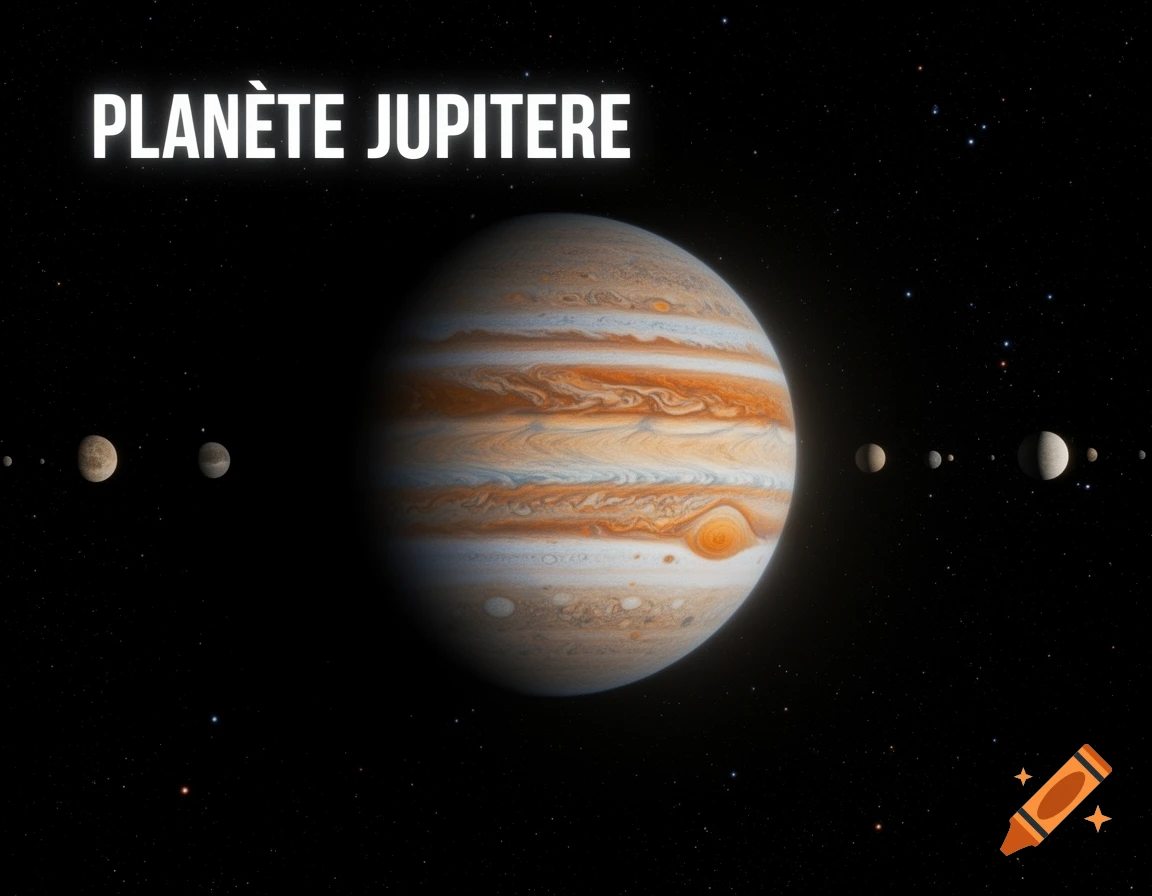 Jupiter and its moons orbiting in deep space, with the text "PLAN H8TE JUPITERE" at the top left.