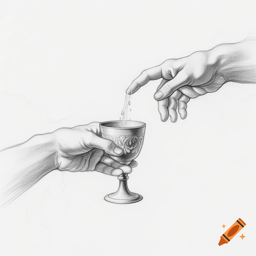 Pencil sketch of two hands, one holding a decorated goblet receiving water poured from the finger of the other hand.
