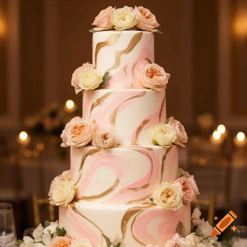 A four-tiered wedding cake with white, pink marble, and gold swirl frosting, decorated with light pink and cream roses.