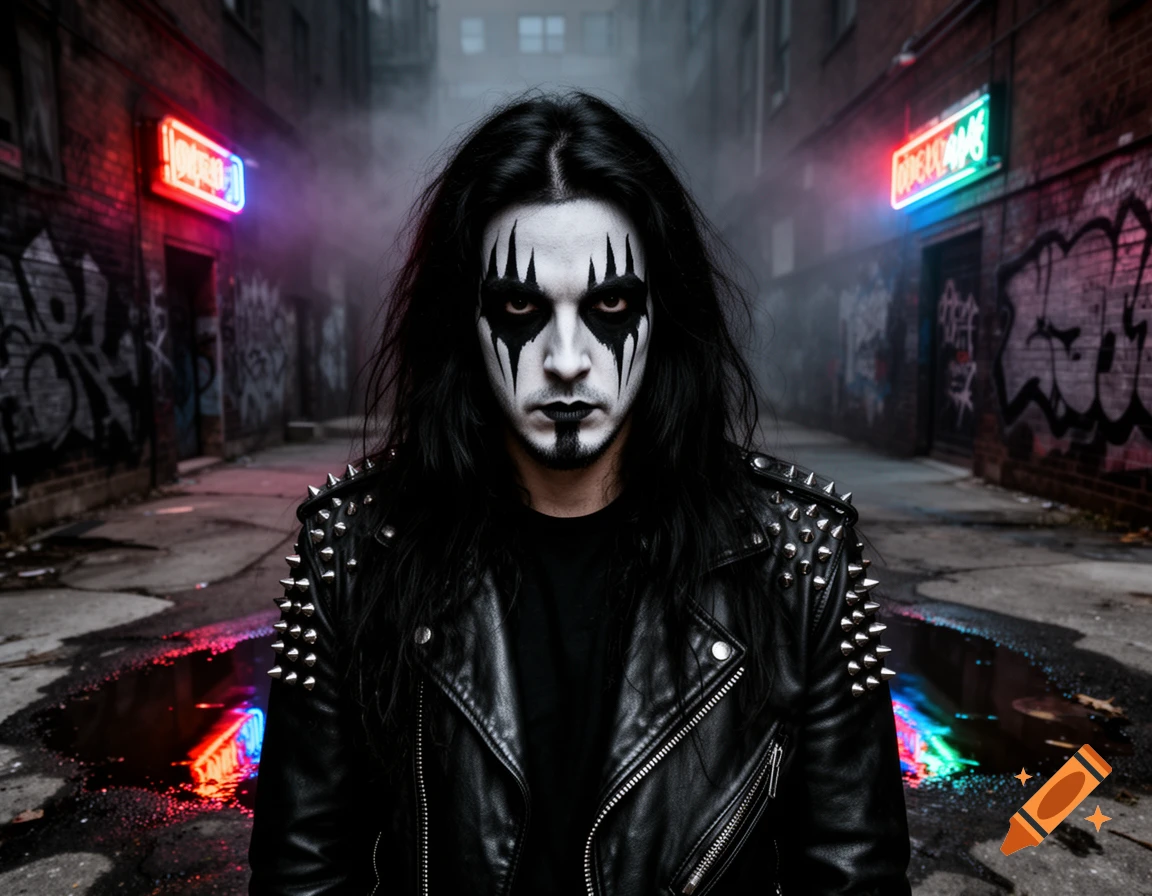 A man in black metal corpse paint, long black hair, and a studded leather jacket stands in a dark, graffiti-covered urban alley with neon signs.