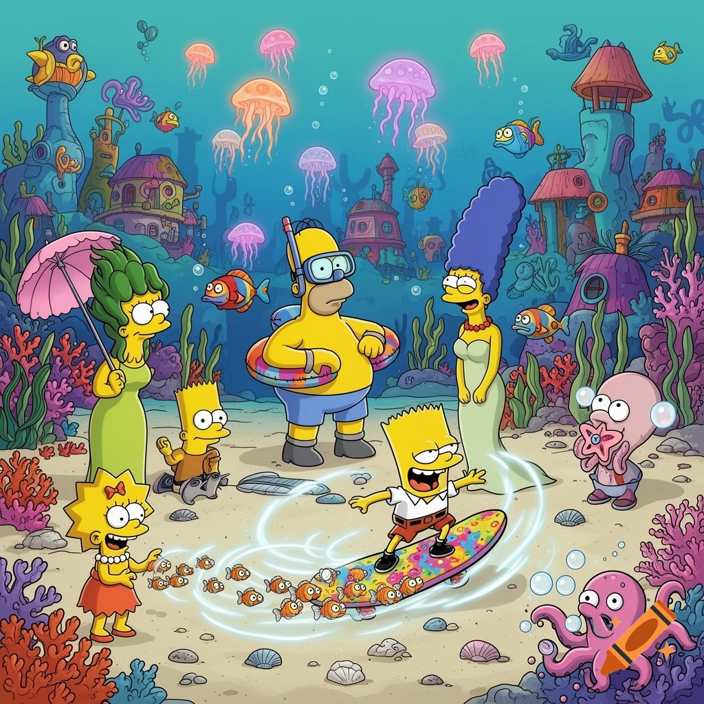 The Simpsons family in an underwater scene resembling SpongeBob's world, surrounded by coral, jellyfish, and sea creatures.