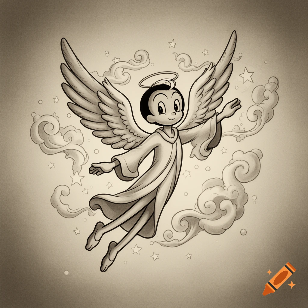 A monochrome 1920s rubber hose cartoon character, resembling an angel with wings and a halo, floating among clouds and stars.