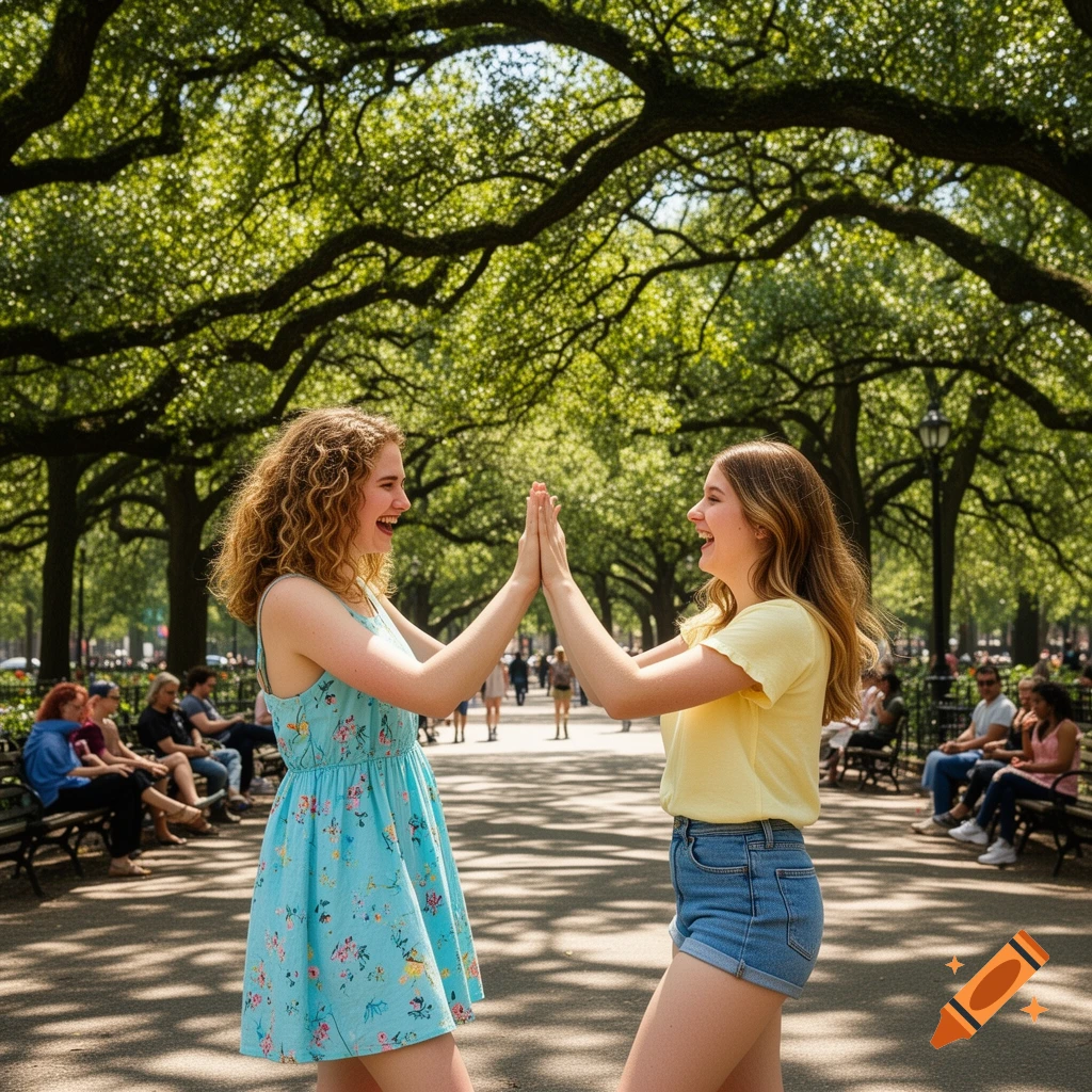 Two young women laugh and high-five on a sunny path under tree canopies in a park.