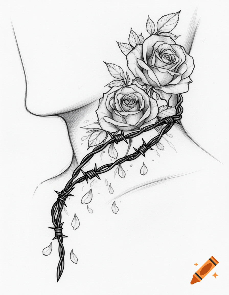 Pencil sketch of two roses and barbed wire intertwined around a neck outline, with falling petals.