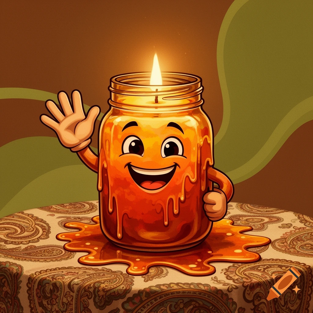 A smiling, waving cartoon mason jar candle on a paisley tablecloth with a 1970s brown and green background.