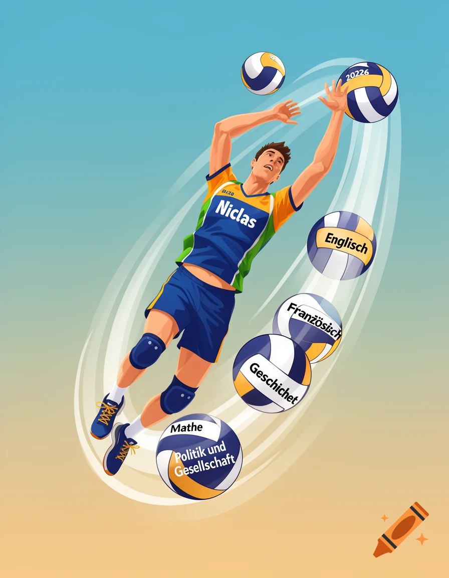 Vector art illustration of a male volleyball player leaping for a smash, surrounded by flying volleyballs labeled with school subjects.