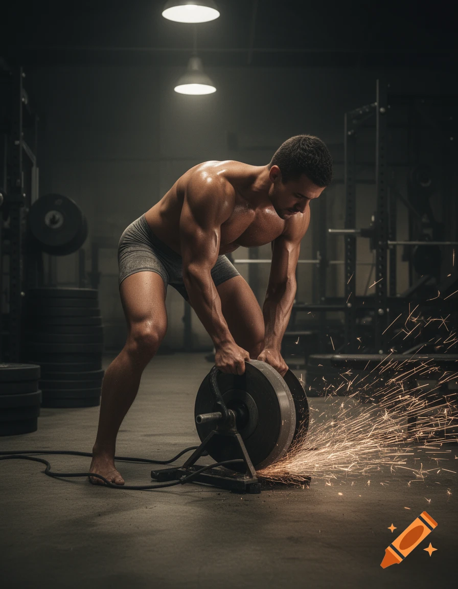 A muscular, shirtless man in boxers operates a metal grinder, creating sparks in a dimly lit gym.