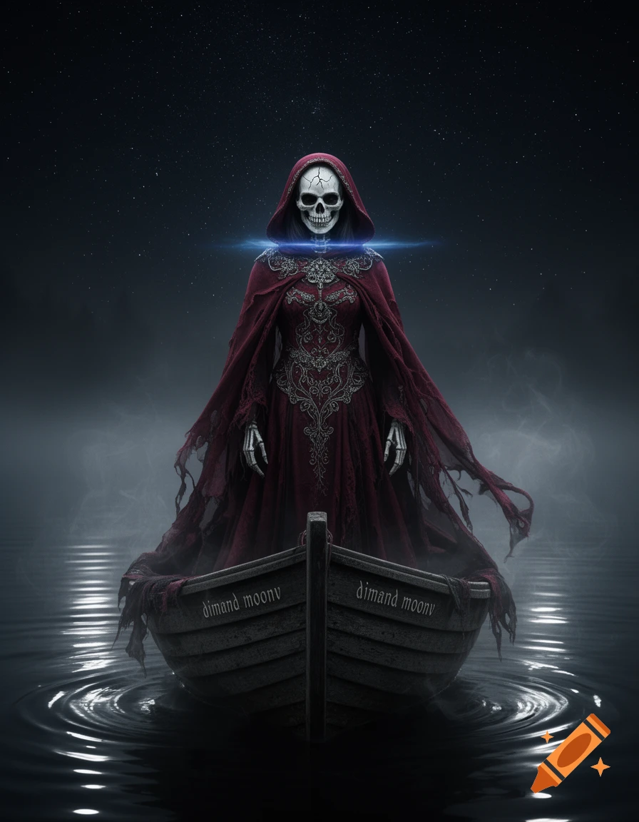 A hooded skeletal figure in a regal red cloak stands in a boat on a dark, star-lit lake, with eerie blue light.
