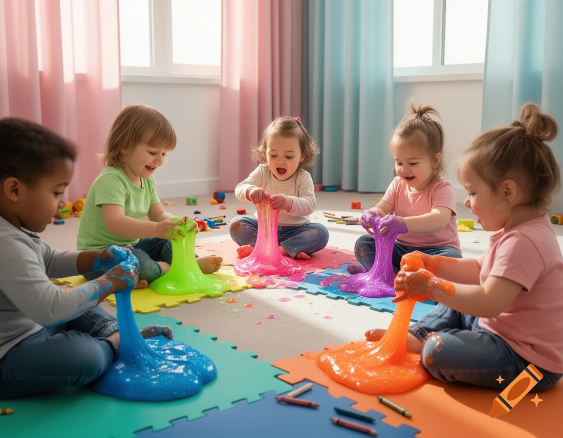 Five happy toddlers of diverse ethnicities play with vibrant blue, green, pink, purple, and orange slime on a padded floor.