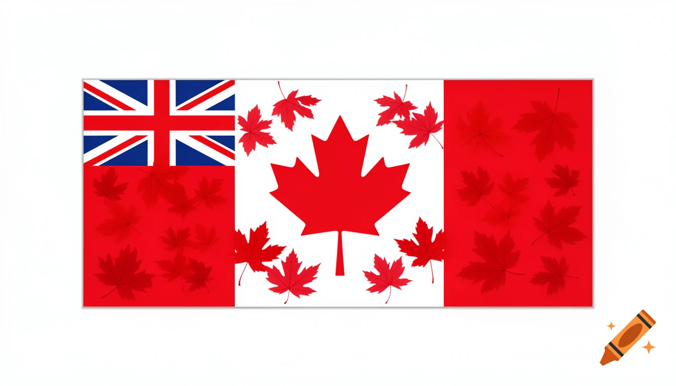 A flag-like design featuring a central red maple leaf on white, flanked by red panels with a Union Jack in the upper left, and scattered smaller maple leaves.