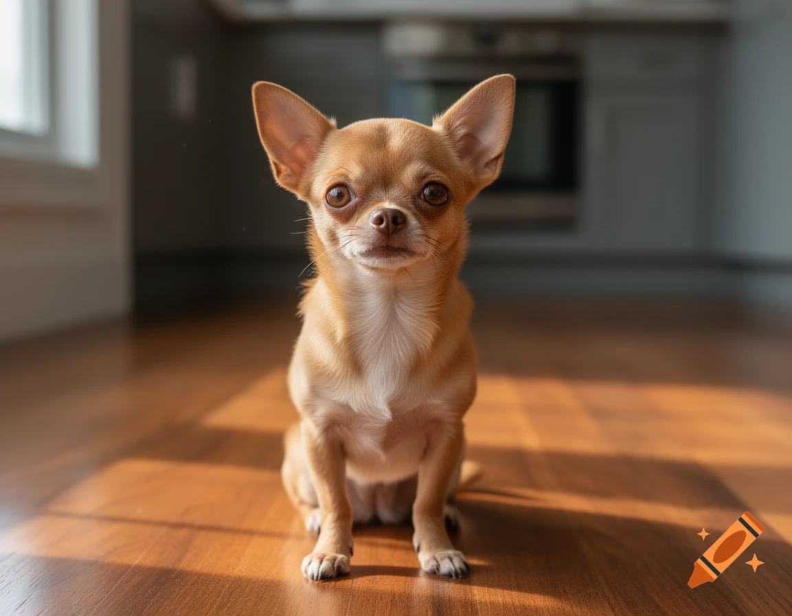 A small tan chihuahua sits on a wooden kitchen floor, looking directly at the viewer in a realistic photo.