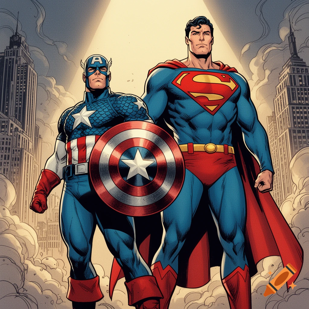 Captain America and Superman stand heroically in comic book style, with a city skyline in the background.