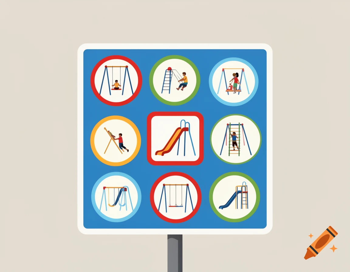 A blue square sign with nine graphic pictograms of children playing on playground equipment, including swings and slides, in a flat illustration style.