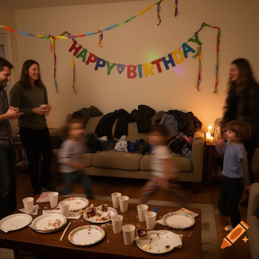 A casual photo of a birthday party in a living room with adults, motion-blurred children, a 'Happy Birthday' banner, and a messy table with cake.