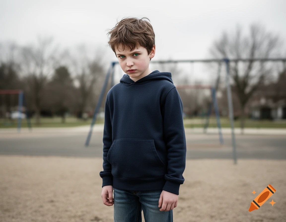 A young boy with pale skin, messy brown hair, and intense green eyes looks suspiciously at the viewer in a playground.