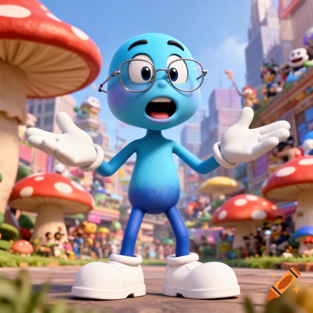 A surprised blue cartoon character with glasses and white gloves stands among giant red and white mushrooms, with a colorful city in the background.