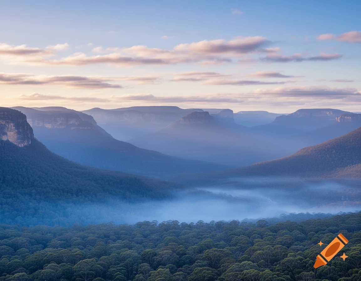A scenic view of misty blue mountains and dense green forests under a soft, cloudy sky.