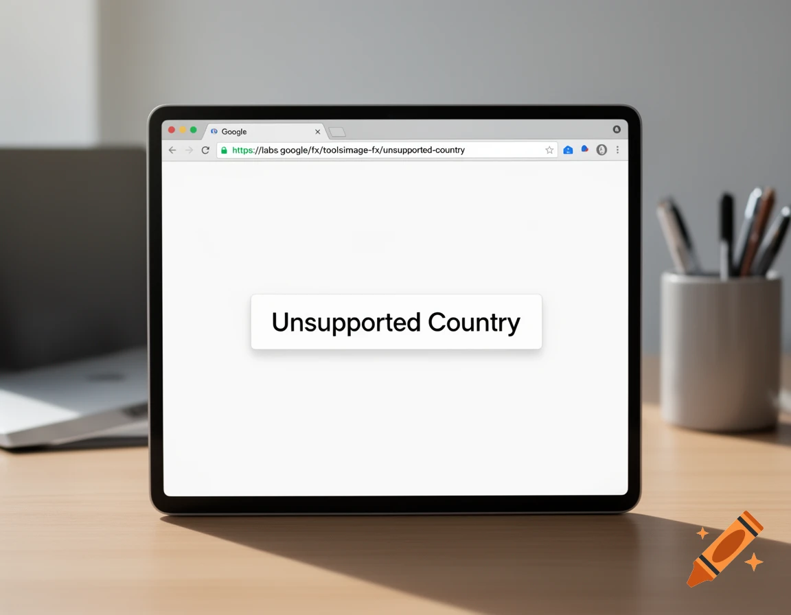 A tablet displays a web browser with 'Unsupported Country' text, next to a laptop and pen holder on a wooden desk.