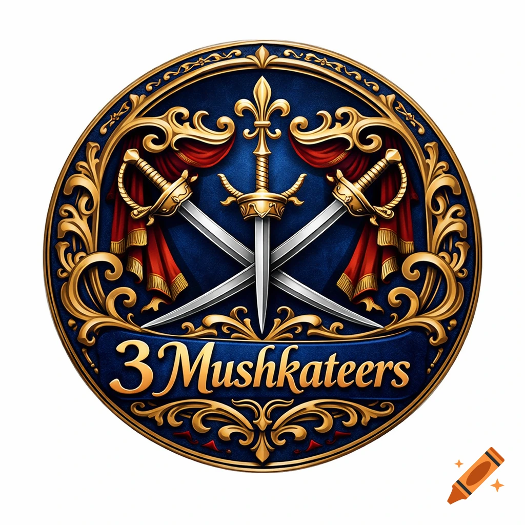 An ornate circular blue and gold logo with three crossed swords, red drapery, and '3 Mushkateers' in gold script.