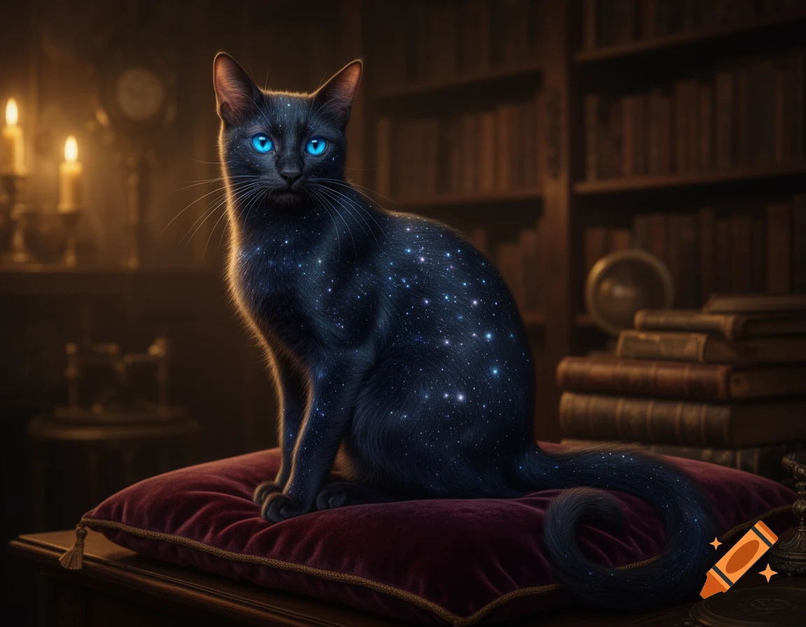 A black cat with luminous blue eyes and a starry coat sits on a red velvet cushion in a dimly lit library.