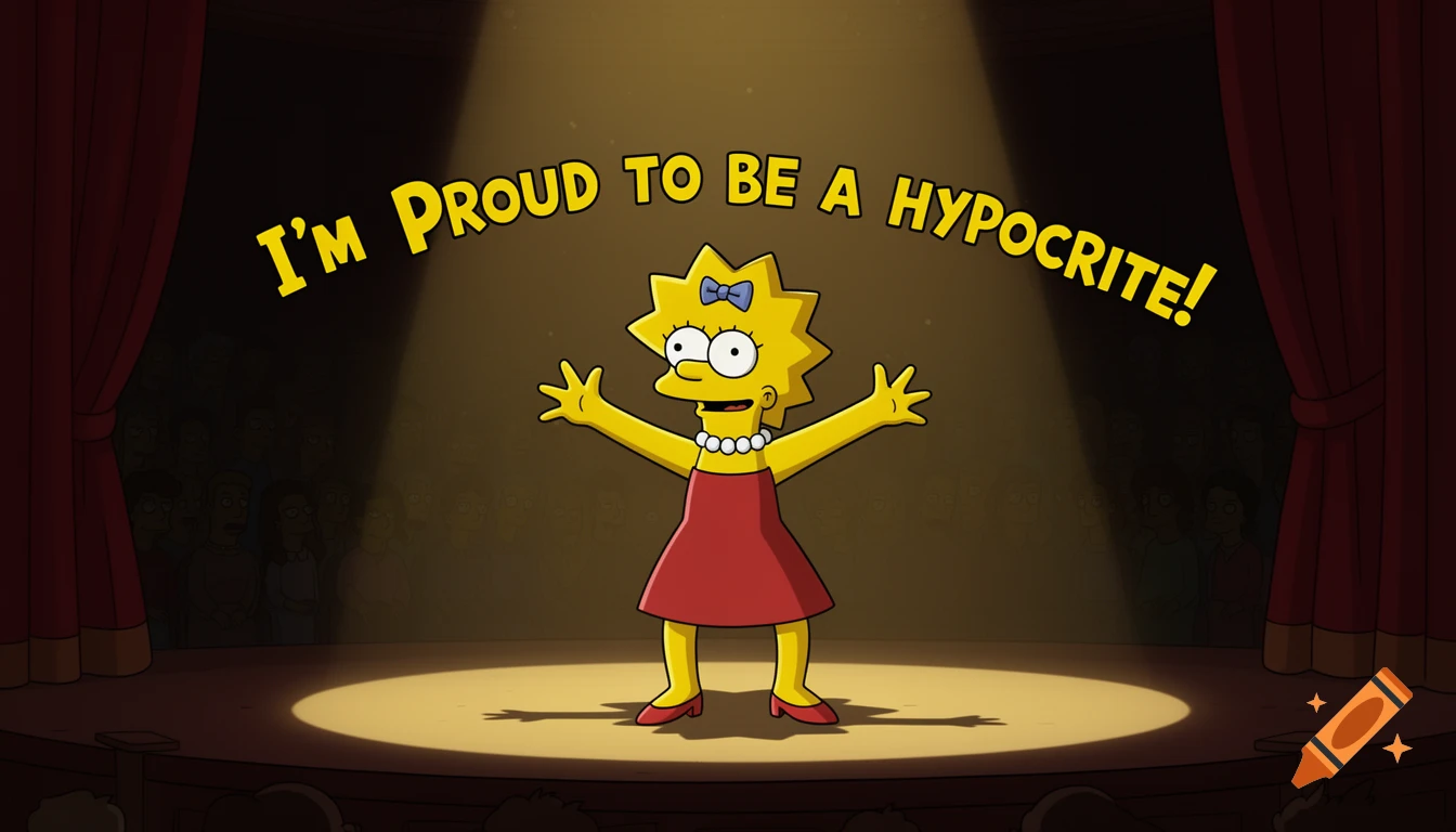 Lisa Simpson stands on a stage with her arms out under a spotlight, with the text 'I'M PROUD TO BE A HYPOCRITE!' above her.